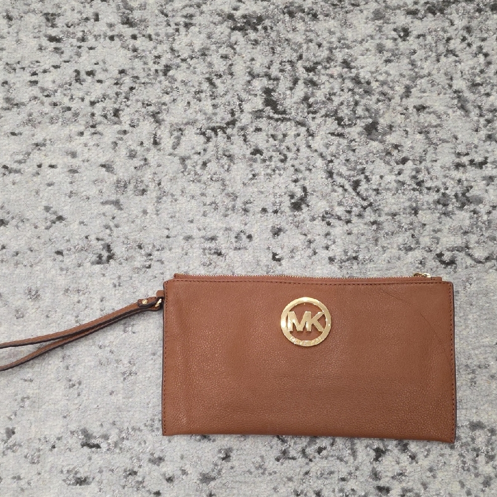 Michael Kors Brown Leather Wristlet Clutch with Gold Logo